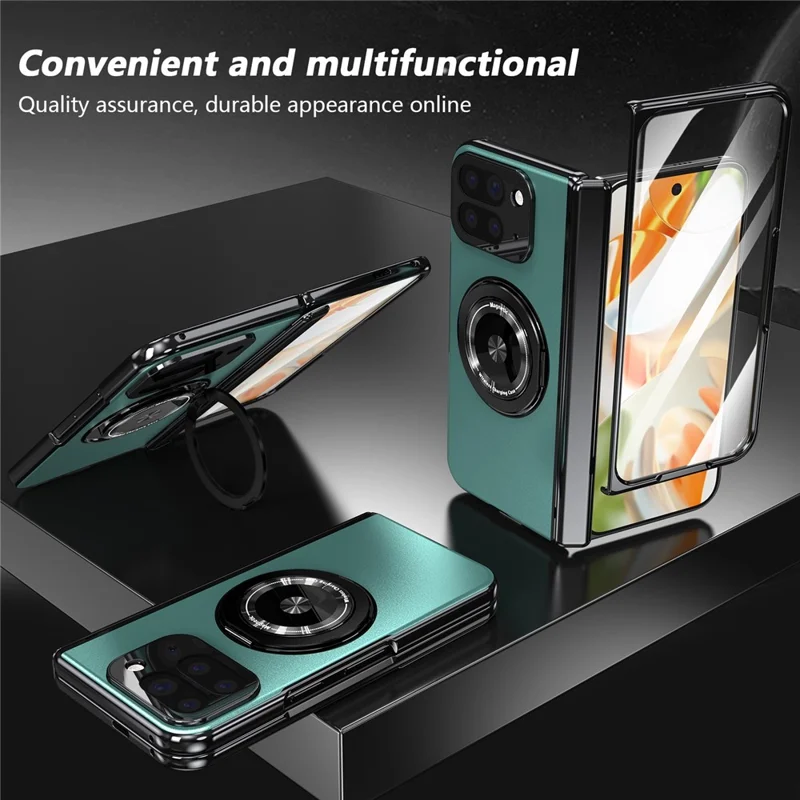 For Google Pixel 10 Pro Fold Magnetic Case Rotating Kickstand Hard PC Hinge Protection Folding Phone Cover with Tempered Glass Film - Lake Blue