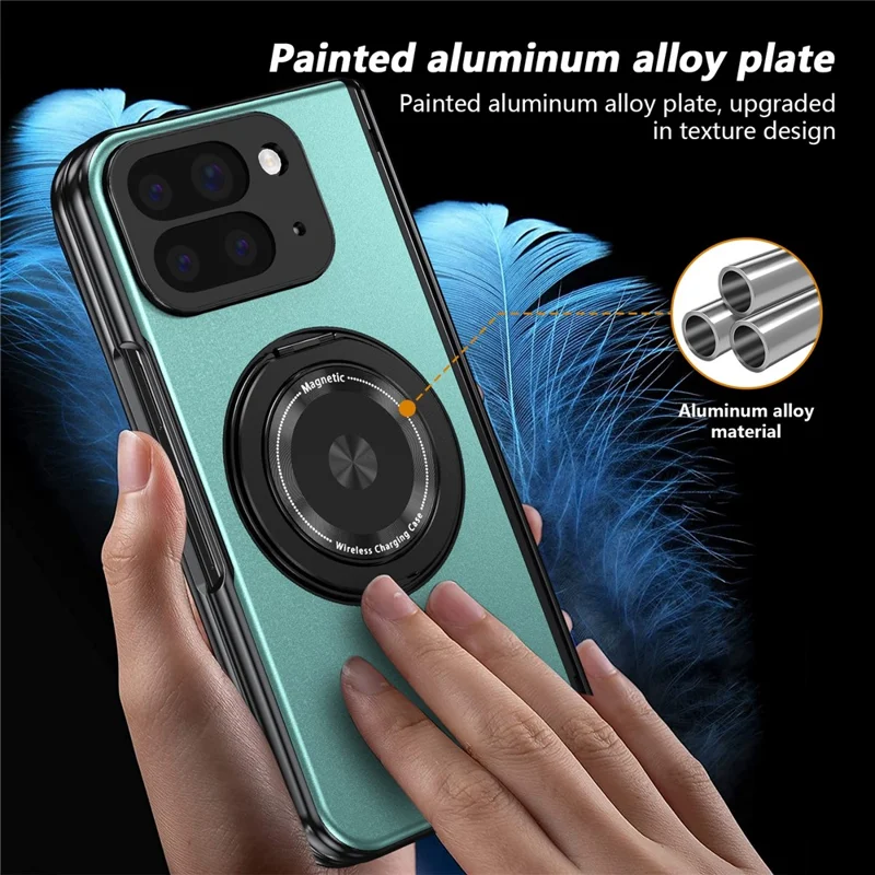 For Google Pixel 10 Pro Fold Magnetic Case Rotating Kickstand Hard PC Hinge Protection Folding Phone Cover with Tempered Glass Film - Lake Blue