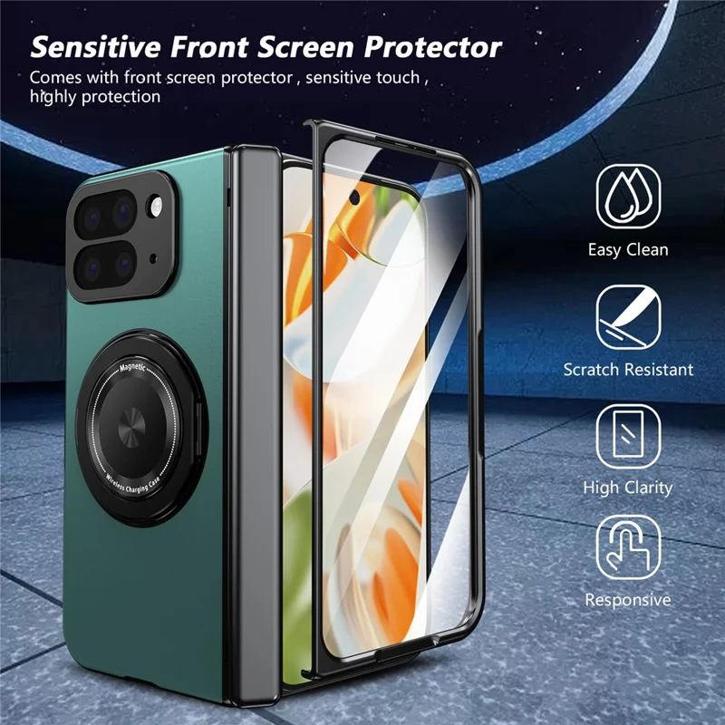 For Google Pixel 10 Pro Fold Magnetic Case Rotating Kickstand Hard PC Hinge Protection Folding Phone Cover with Tempered Glass Film - Lake Blue