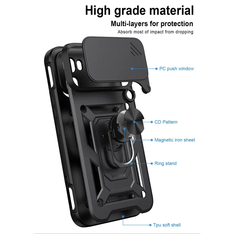 Funda para Infinix GT 50 Pro 5G con tapa deslizante para cámara, carcasa con soporte plegable de PC + TPU - Negro