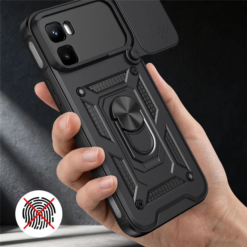 Funda para Infinix GT 50 Pro 5G con tapa deslizante para cámara, carcasa con soporte plegable de PC + TPU - Negro