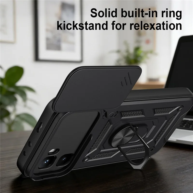 Funda para Infinix GT 50 Pro 5G con tapa deslizante para cámara, carcasa con soporte plegable de PC + TPU - Negro
