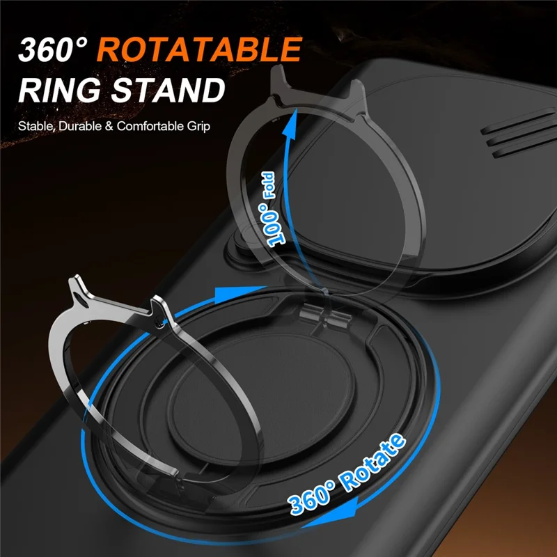 Magnetic Case For Xiaomi Redmi Note 15 5G (Global) / Note 15 4G (Global) / Poco M8 5G Ring Kickstand Slide Camera Cover TPU PC Hybrid Phone Shell - Black