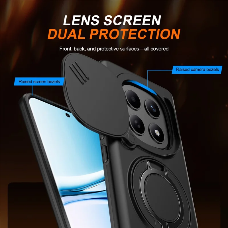 Magnetic Case For Xiaomi Redmi Note 15 5G (Global) / Note 15 4G (Global) / Poco M8 5G Ring Kickstand Slide Camera Cover TPU PC Hybrid Phone Shell - Black