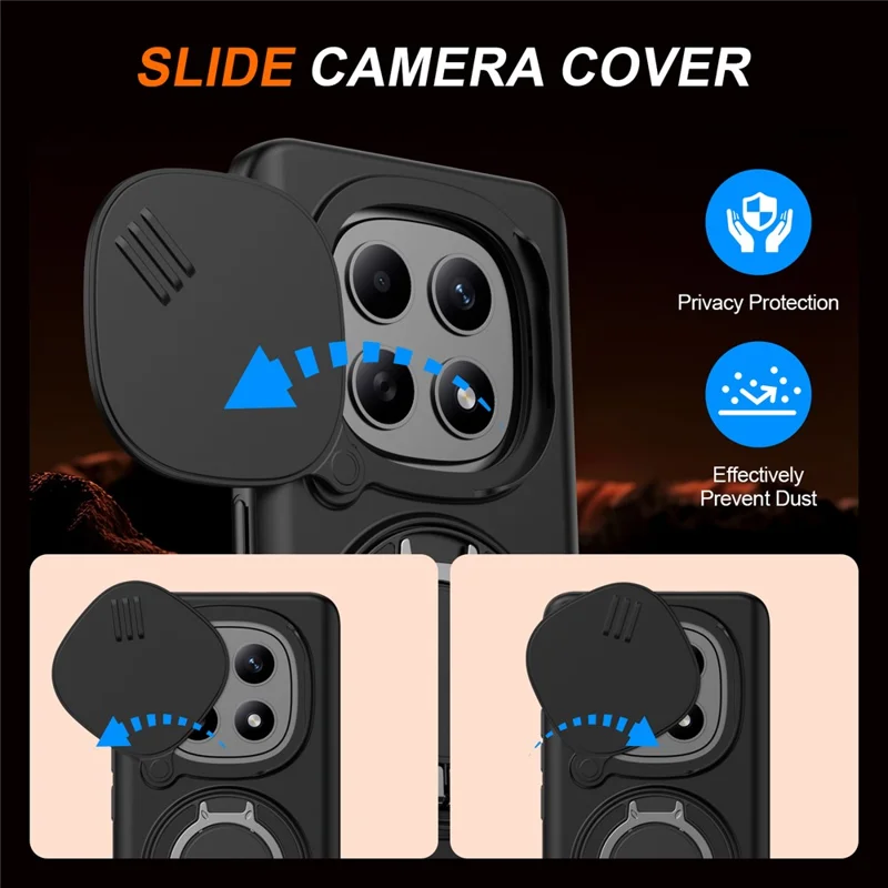 Magnetic Case For Xiaomi Redmi Note 15 5G (Global) / Note 15 4G (Global) / Poco M8 5G Ring Kickstand Slide Camera Cover TPU PC Hybrid Phone Shell - Black