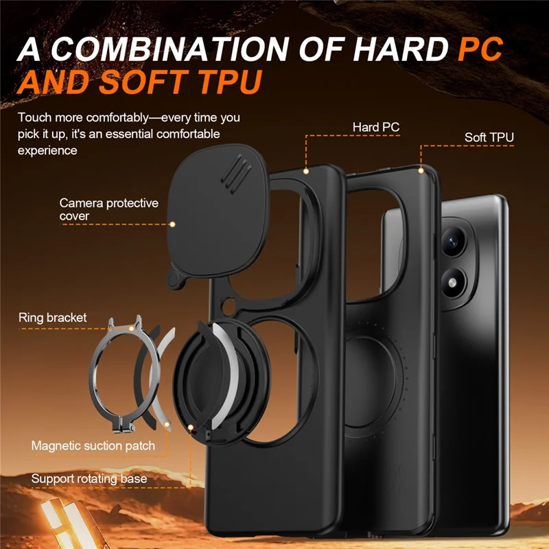 Magnetic Case For Xiaomi Redmi Note 15 5G (Global) / Note 15 4G (Global) / Poco M8 5G Ring Kickstand Slide Camera Cover TPU PC Hybrid Phone Shell - Black
