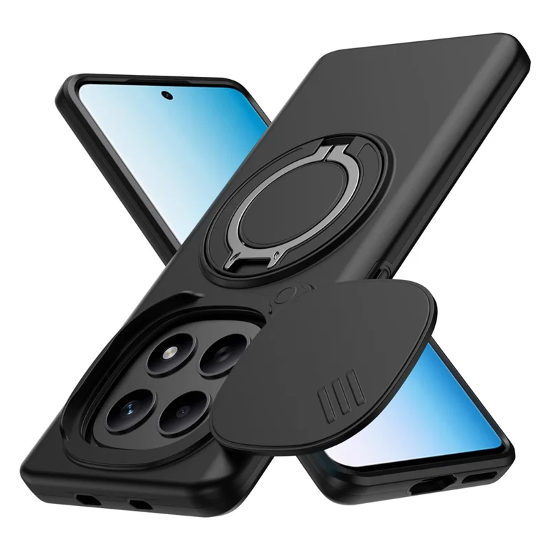 Magnetic Case For Xiaomi Redmi Note 15 5G (Global) / Note 15 4G (Global) / Poco M8 5G Ring Kickstand Slide Camera Cover TPU PC Hybrid Phone Shell - Black