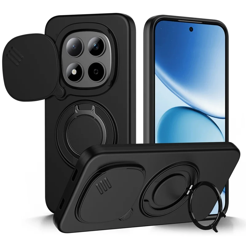For Xiaomi Redmi Note 15 Pro 4G (Global) / Note 15 Pro 5G (Global) Magnetic Case Ring Kickstand Slide Camera Cover TPU PC Hybrid Phone Shell - Black