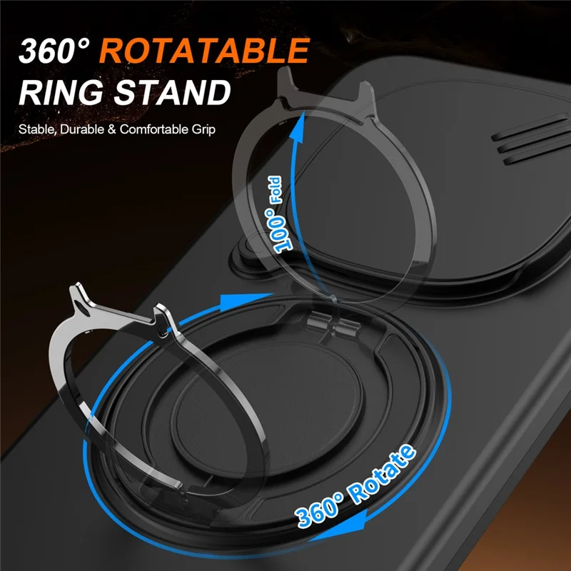 For Xiaomi Redmi Note 15 Pro 4G (Global) / Note 15 Pro 5G (Global) Magnetic Case Ring Kickstand Slide Camera Cover TPU PC Hybrid Phone Shell - Black