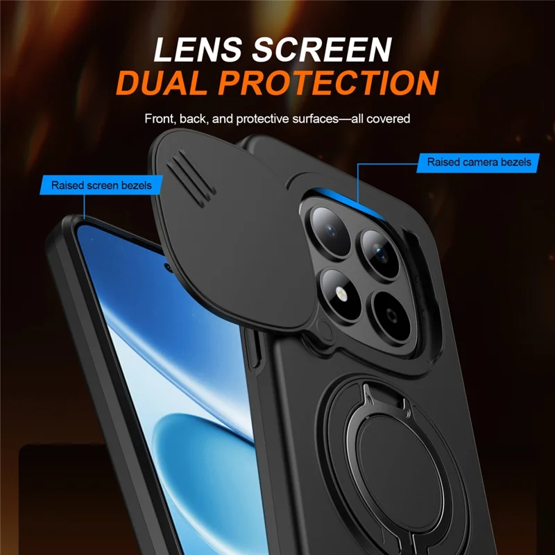 For Xiaomi Redmi Note 15 Pro 4G (Global) / Note 15 Pro 5G (Global) Magnetic Case Ring Kickstand Slide Camera Cover TPU PC Hybrid Phone Shell - Black