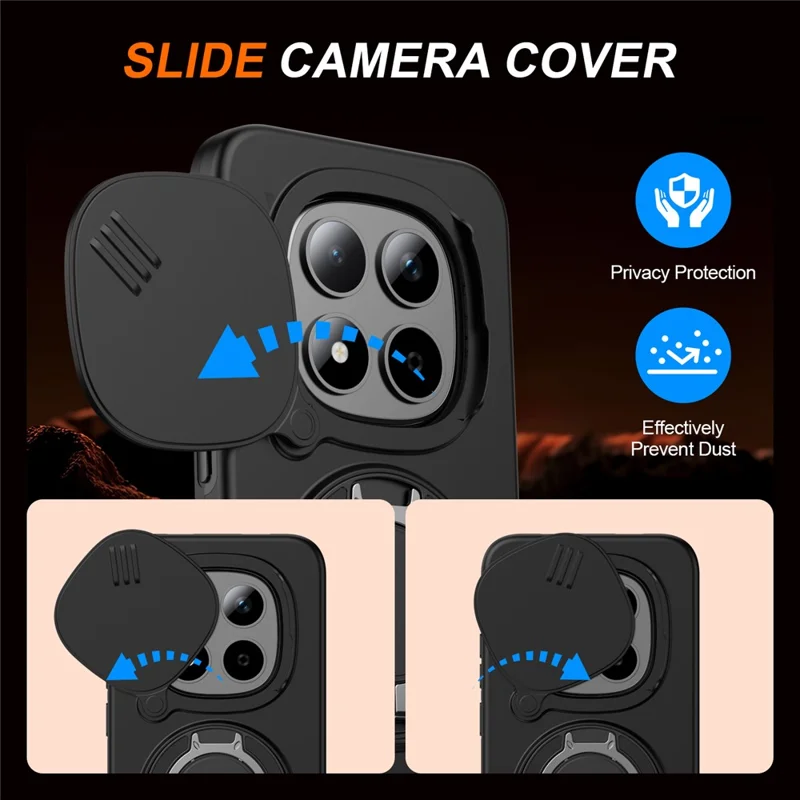 For Xiaomi Redmi Note 15 Pro 4G (Global) / Note 15 Pro 5G (Global) Magnetic Case Ring Kickstand Slide Camera Cover TPU PC Hybrid Phone Shell - Black