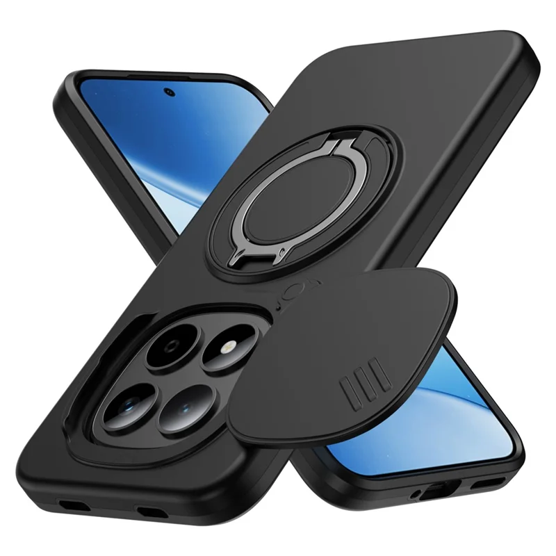 For Xiaomi Redmi Note 15 Pro 4G (Global) / Note 15 Pro 5G (Global) Magnetic Case Ring Kickstand Slide Camera Cover TPU PC Hybrid Phone Shell - Black