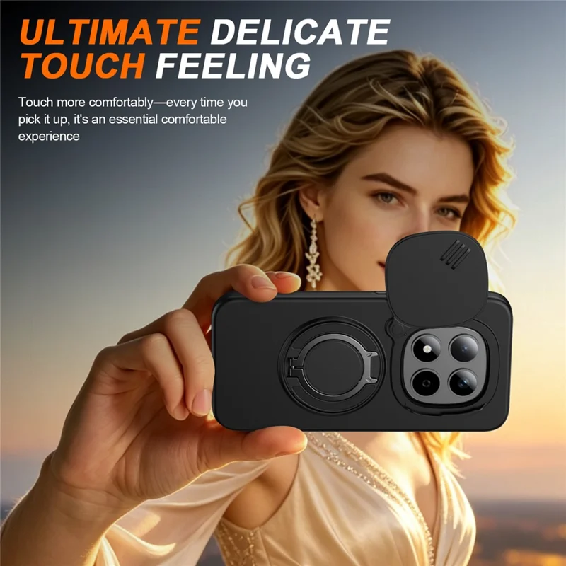 For Xiaomi Redmi Note 15 Pro 4G (Global) / Note 15 Pro 5G (Global) Magnetic Case Ring Kickstand Slide Camera Cover TPU PC Hybrid Phone Shell - Black