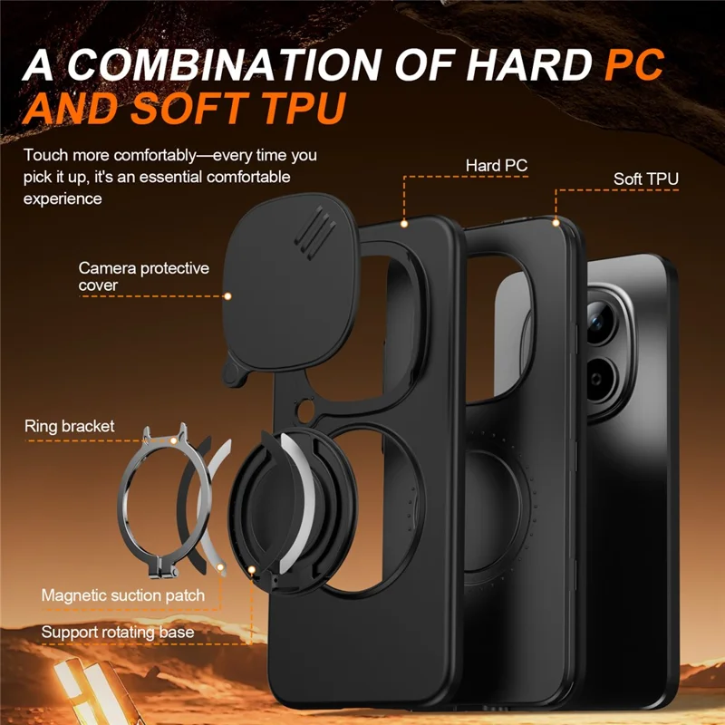 For Xiaomi Redmi Note 15 Pro 4G (Global) / Note 15 Pro 5G (Global) Magnetic Case Ring Kickstand Slide Camera Cover TPU PC Hybrid Phone Shell - Black
