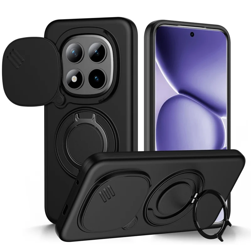 For Xiaomi Redmi Note 15 Pro+ 5G (Global) / Poco M8 Pro 5G Magnetic Case Ring Kickstand Slide Camera Cover TPU PC Hybrid Phone Shell - Black