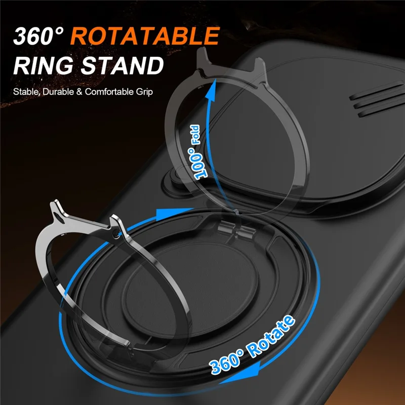 For Xiaomi Redmi Note 15 Pro+ 5G (Global) / Poco M8 Pro 5G Magnetic Case Ring Kickstand Slide Camera Cover TPU PC Hybrid Phone Shell - Black