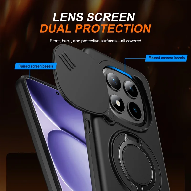 For Xiaomi Redmi Note 15 Pro+ 5G (Global) / Poco M8 Pro 5G Magnetic Case Ring Kickstand Slide Camera Cover TPU PC Hybrid Phone Shell - Black