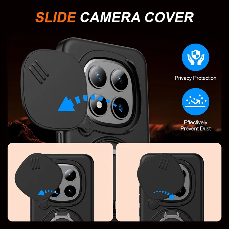 For Xiaomi Redmi Note 15 Pro+ 5G (Global) / Poco M8 Pro 5G Magnetic Case Ring Kickstand Slide Camera Cover TPU PC Hybrid Phone Shell - Black