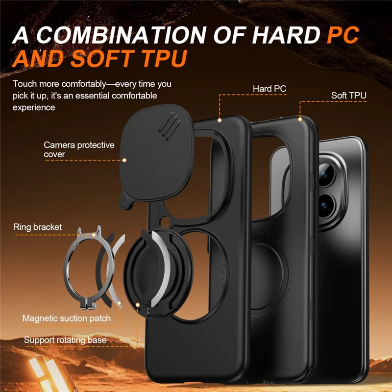 For Xiaomi Redmi Note 15 Pro+ 5G (Global) / Poco M8 Pro 5G Magnetic Case Ring Kickstand Slide Camera Cover TPU PC Hybrid Phone Shell - Black