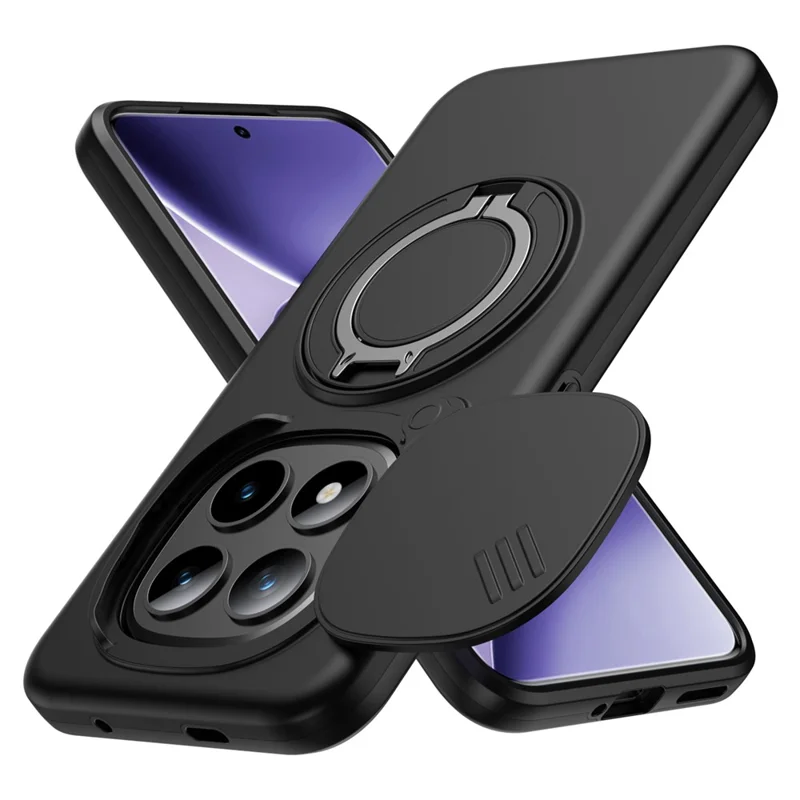 For Xiaomi Redmi Note 15 Pro+ 5G (Global) / Poco M8 Pro 5G Magnetic Case Ring Kickstand Slide Camera Cover TPU PC Hybrid Phone Shell - Black