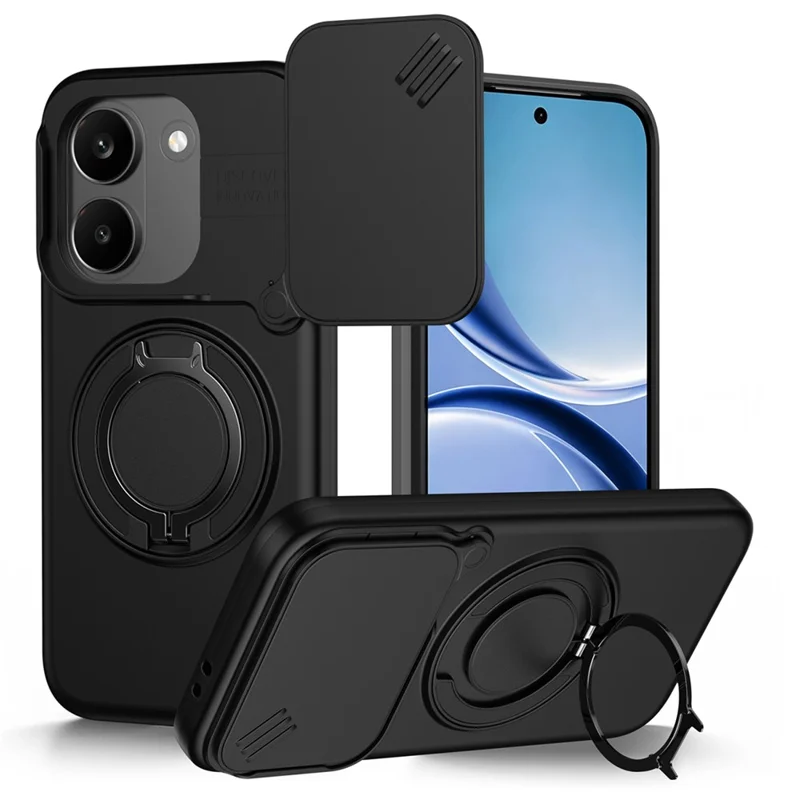 For Xiaomi Poco X8 Pro 5G Magnetic Case Ring Kickstand Slide Camera Cover TPU PC Hybrid Phone Shell - Black