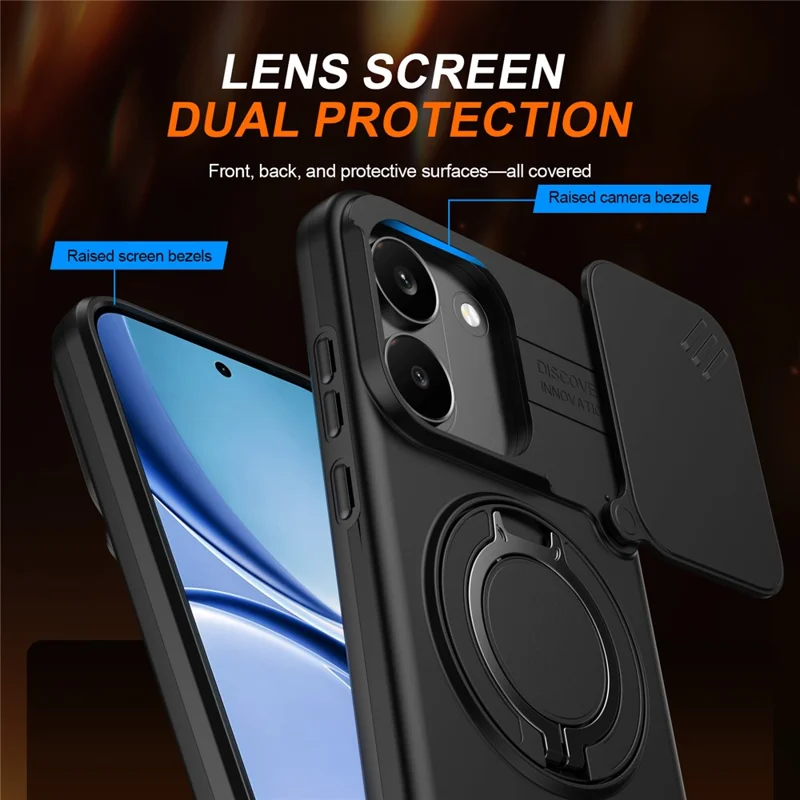 For Xiaomi Poco X8 Pro 5G Magnetic Case Ring Kickstand Slide Camera Cover TPU PC Hybrid Phone Shell - Black