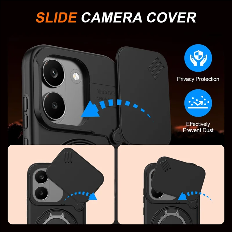 For Xiaomi Poco X8 Pro 5G Magnetic Case Ring Kickstand Slide Camera Cover TPU PC Hybrid Phone Shell - Black