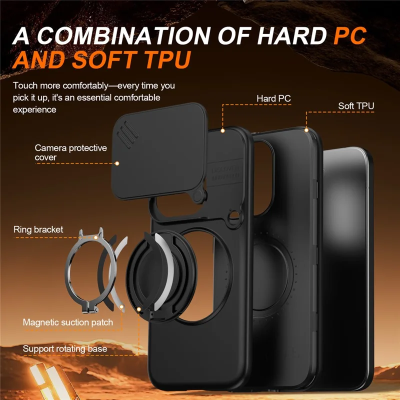 For Xiaomi Poco X8 Pro 5G Magnetic Case Ring Kickstand Slide Camera Cover TPU PC Hybrid Phone Shell - Black