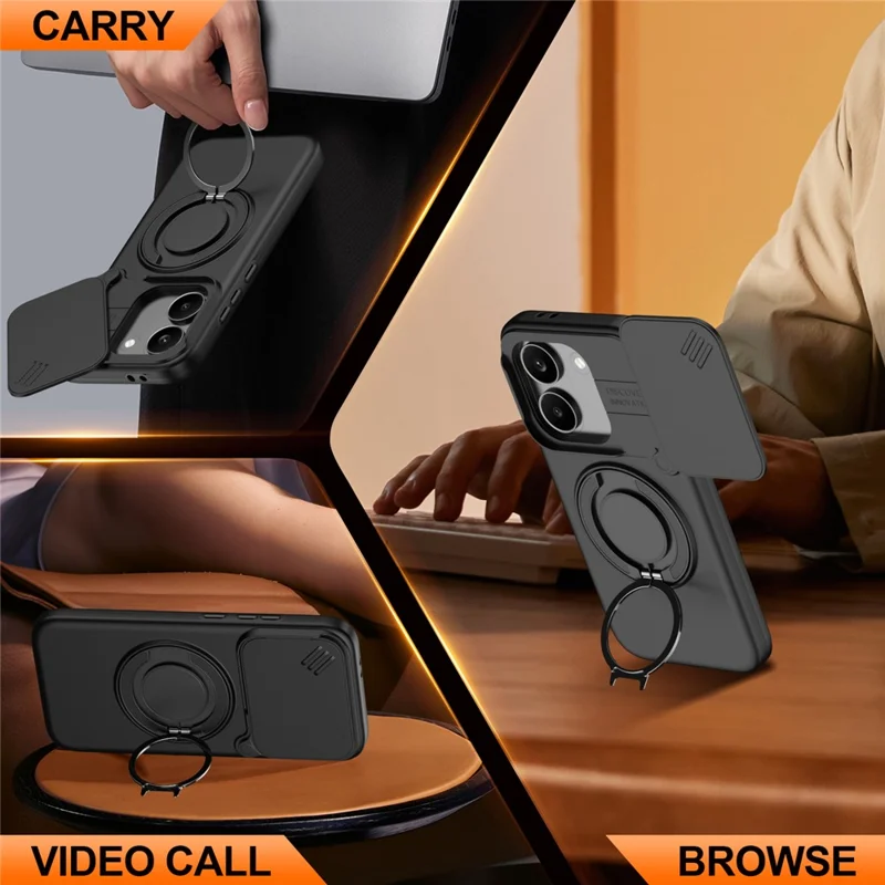 For Xiaomi Poco X8 Pro 5G Magnetic Case Ring Kickstand Slide Camera Cover TPU PC Hybrid Phone Shell - Black