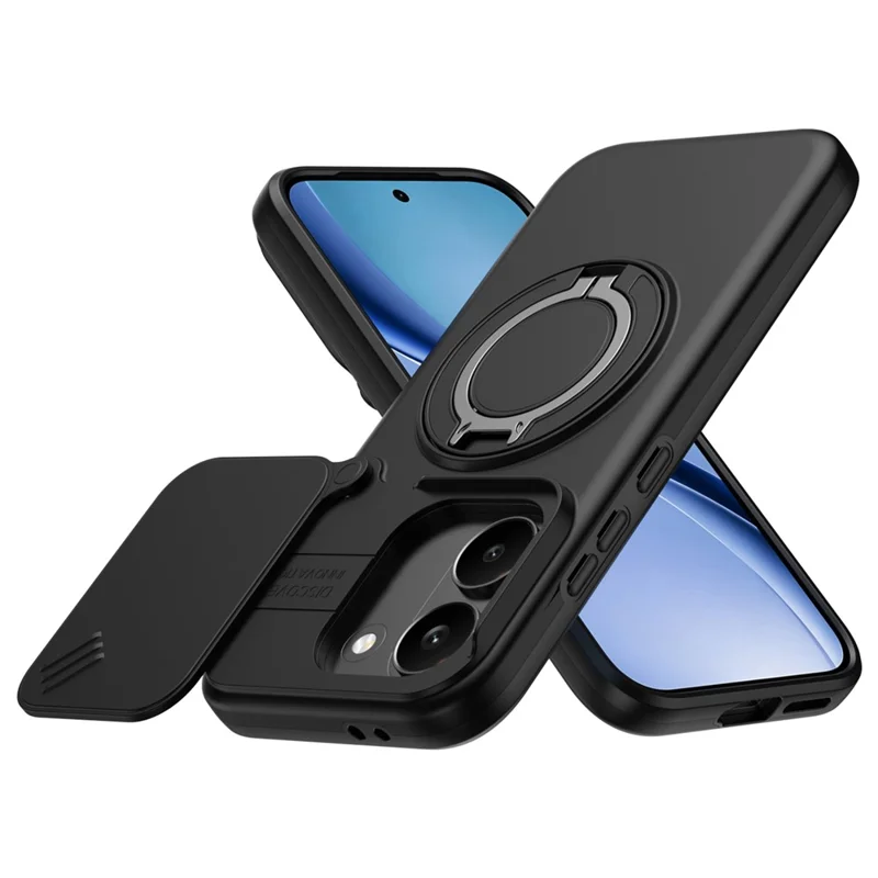For Xiaomi Poco X8 Pro 5G Magnetic Case Ring Kickstand Slide Camera Cover TPU PC Hybrid Phone Shell - Black