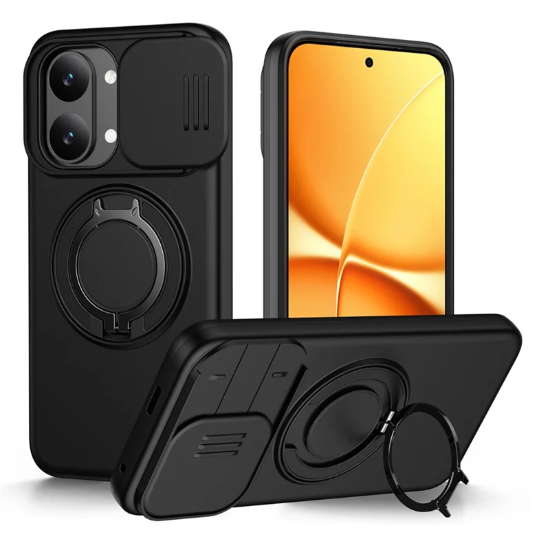 For Xiaomi Poco X8 Pro Max 5G Magnetic Case Ring Kickstand Slide Camera Cover TPU PC Hybrid Phone Shell - Black
