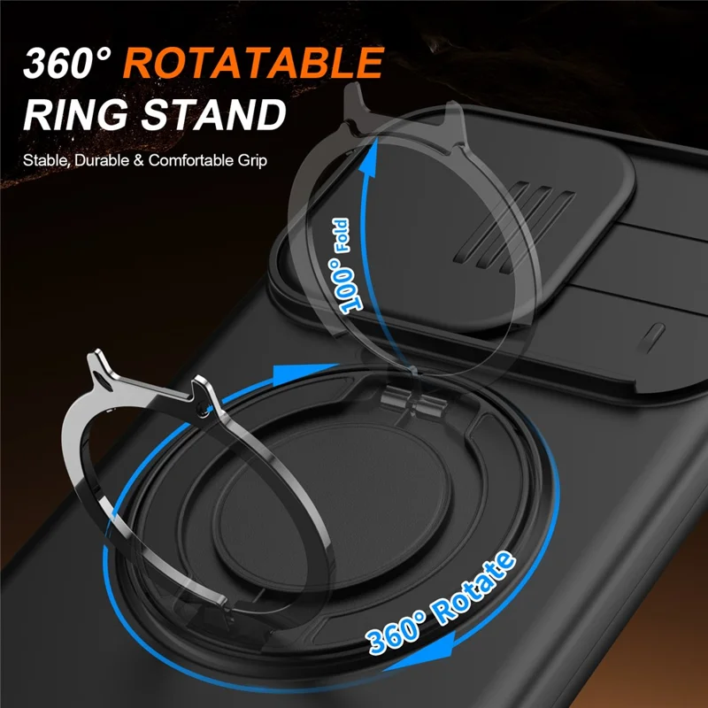 For Xiaomi Poco X8 Pro Max 5G Magnetic Case Ring Kickstand Slide Camera Cover TPU PC Hybrid Phone Shell - Black