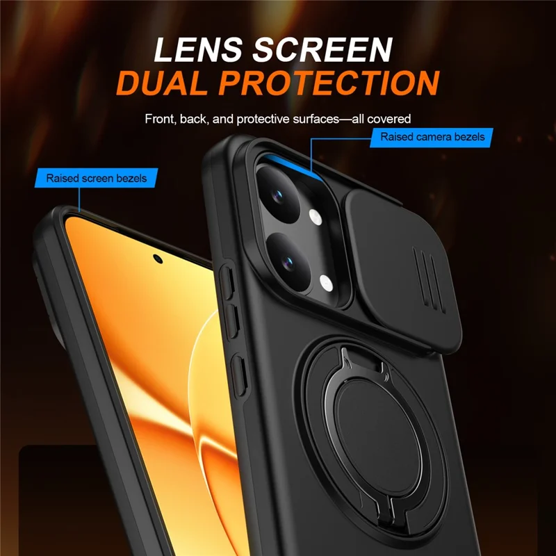 For Xiaomi Poco X8 Pro Max 5G Magnetic Case Ring Kickstand Slide Camera Cover TPU PC Hybrid Phone Shell - Black
