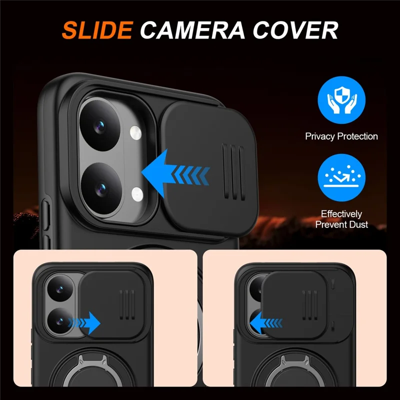 For Xiaomi Poco X8 Pro Max 5G Magnetic Case Ring Kickstand Slide Camera Cover TPU PC Hybrid Phone Shell - Black