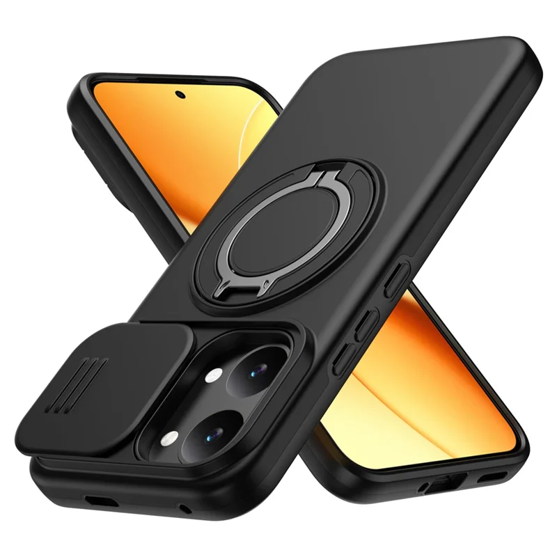 For Xiaomi Poco X8 Pro Max 5G Magnetic Case Ring Kickstand Slide Camera Cover TPU PC Hybrid Phone Shell - Black