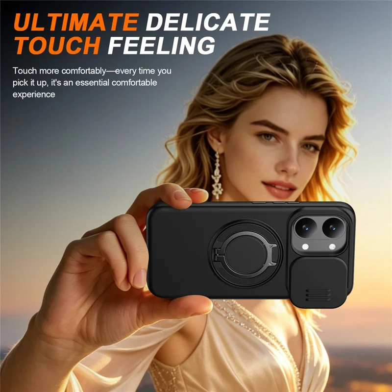 For Xiaomi Poco X8 Pro Max 5G Magnetic Case Ring Kickstand Slide Camera Cover TPU PC Hybrid Phone Shell - Black