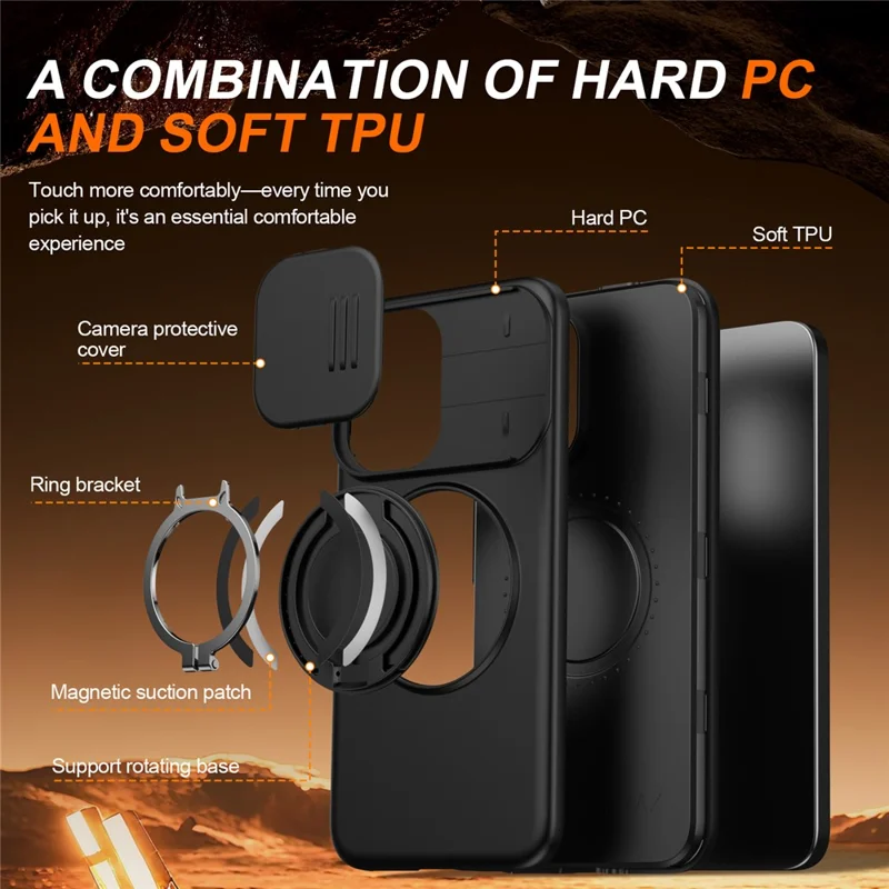 For Xiaomi Poco X8 Pro Max 5G Magnetic Case Ring Kickstand Slide Camera Cover TPU PC Hybrid Phone Shell - Black