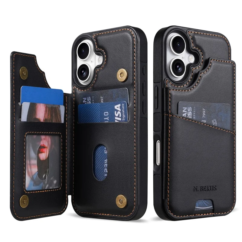 N.BEKUS P4 per iPhone 17 Custodia con Pulsanti Magnetici in Pelle + TPU con Porta Tessere e Supporto - Nero
