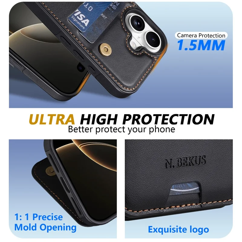 N.BEKUS P4 per iPhone 17 Custodia con Pulsanti Magnetici in Pelle + TPU con Porta Tessere e Supporto - Nero