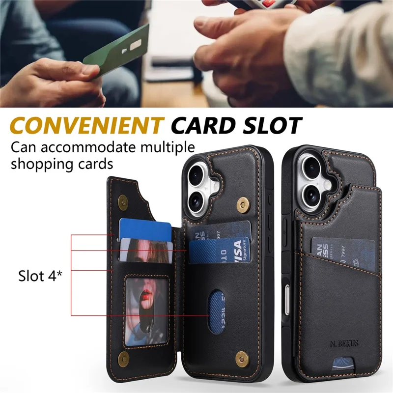 N.BEKUS P4 per iPhone 17 Custodia con Pulsanti Magnetici in Pelle + TPU con Porta Tessere e Supporto - Nero