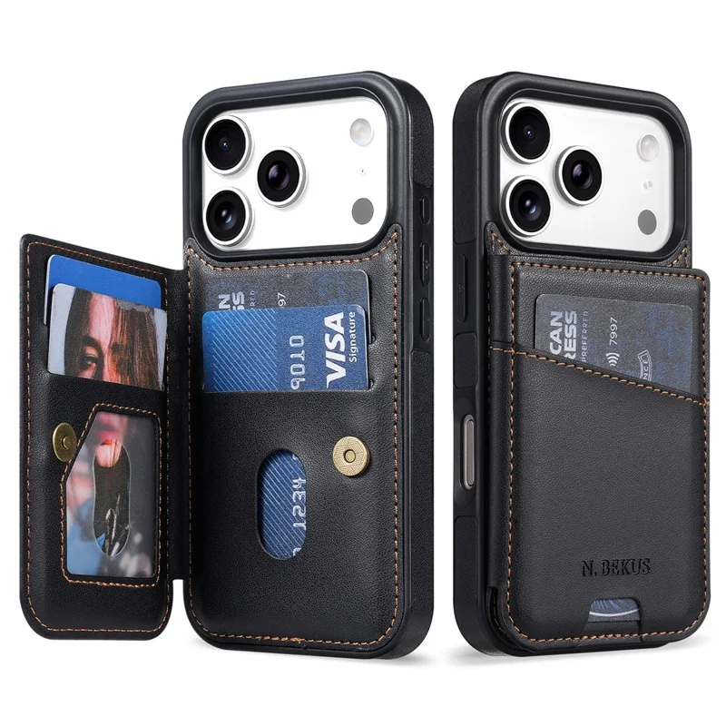 N.BEKUS P4 För iPhone 18 Pro Max / 17 Pro Max Hölse RFID-skydd Kortficka PU-läder + TPU Mobilskal med Fotpodd - Svart