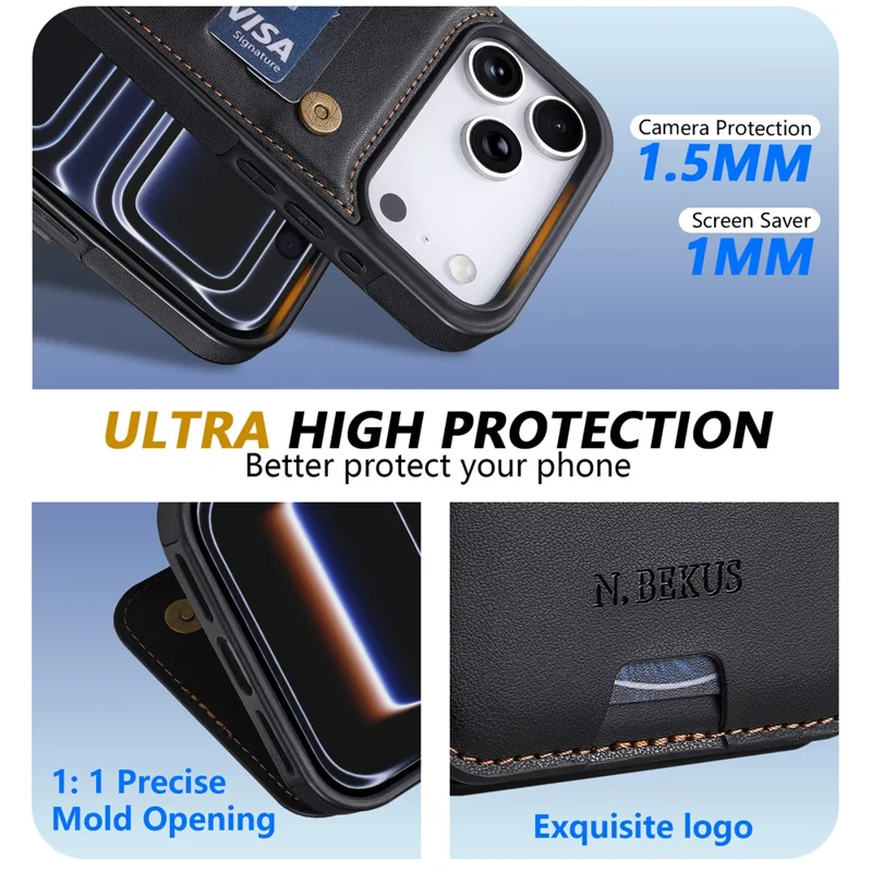 N.BEKUS P4 För iPhone 18 Pro Max / 17 Pro Max Hölse RFID-skydd Kortficka PU-läder + TPU Mobilskal med Fotpodd - Svart