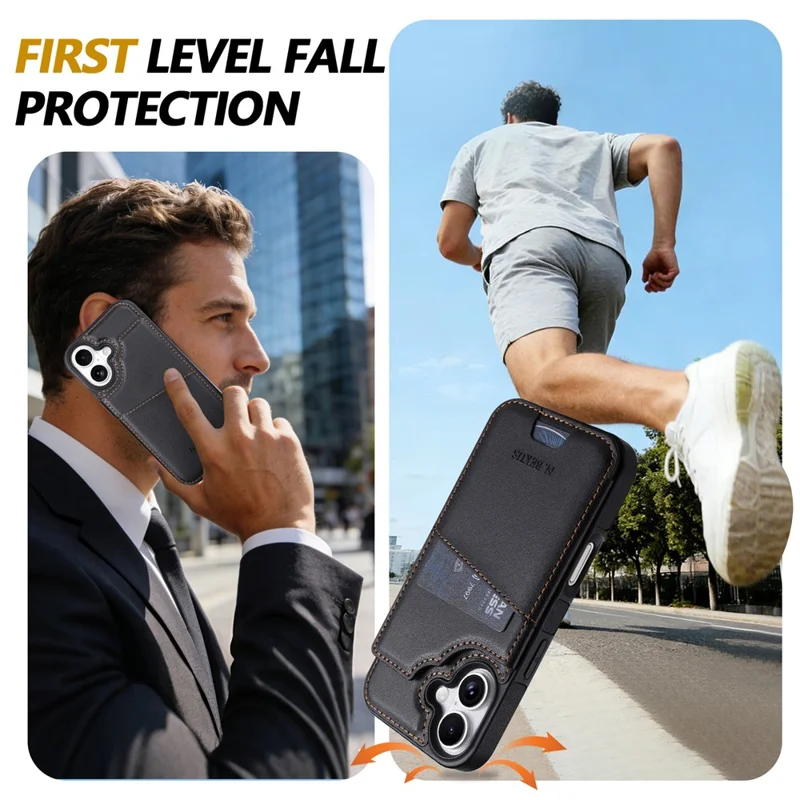 N.BEKUS P4 pour iPhone 16 Coque Boutons Magnétiques Cuir + TPU avec Porte-cartes et Support - Noir