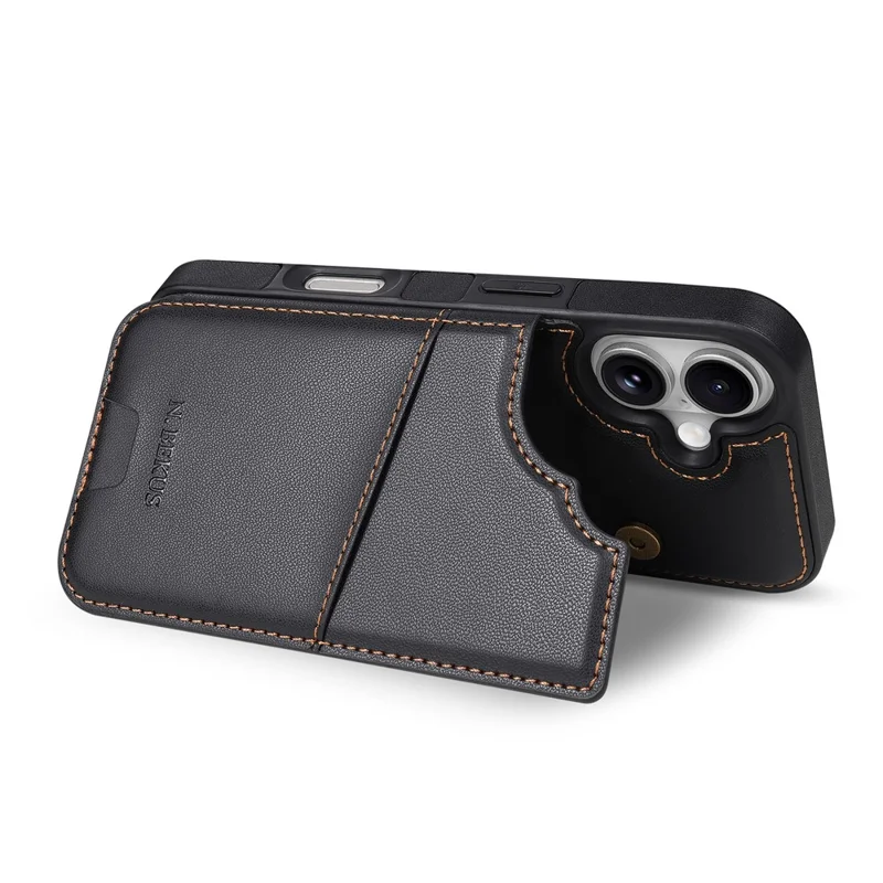 N.BEKUS P4 pour iPhone 16 Coque Boutons Magnétiques Cuir + TPU avec Porte-cartes et Support - Noir