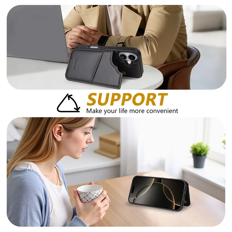 N.BEKUS P4 pour iPhone 16 Coque Boutons Magnétiques Cuir + TPU avec Porte-cartes et Support - Noir