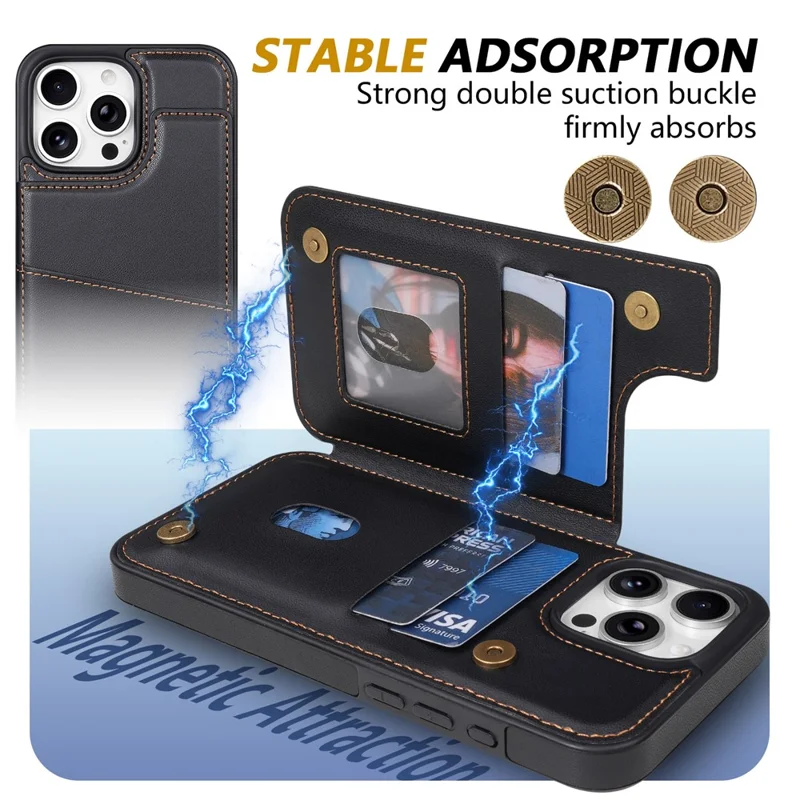 N.BEKUS P4 per iPhone 16 Pro Custodia con Pulsanti Magnetici in Pelle + TPU con Porta Carte e Supporto - Nero