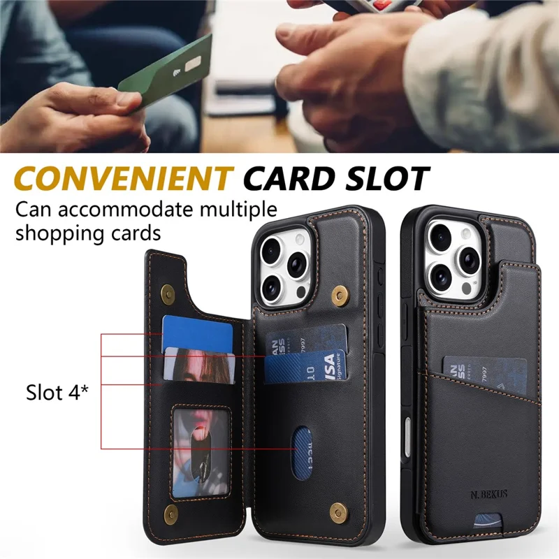 N.BEKUS P4 per iPhone 16 Pro Custodia con Pulsanti Magnetici in Pelle + TPU con Porta Carte e Supporto - Nero