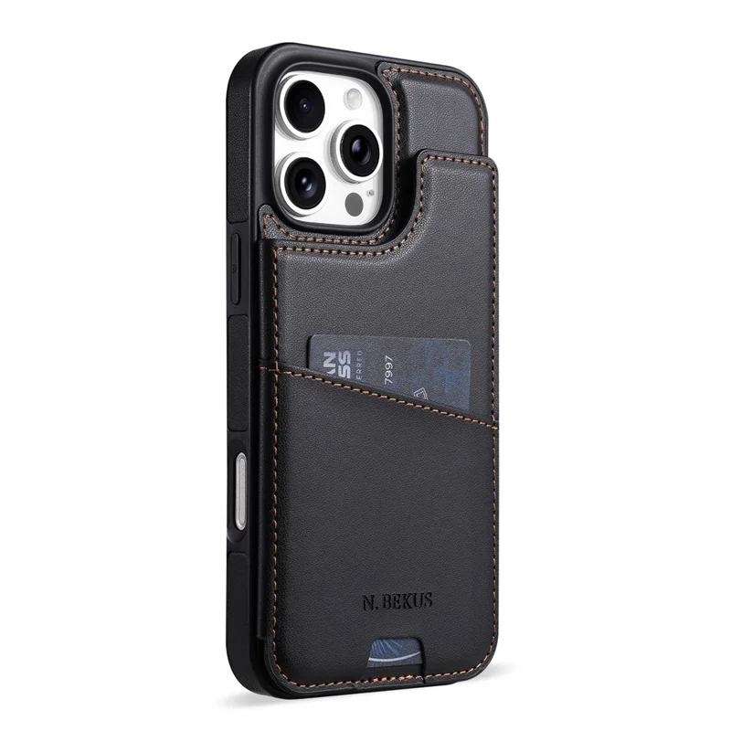 N.BEKUS P4 per iPhone 16 Pro Custodia con Pulsanti Magnetici in Pelle + TPU con Porta Carte e Supporto - Nero