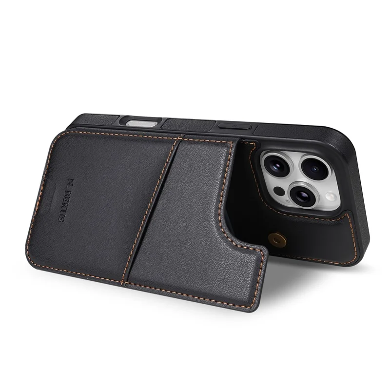 N.BEKUS P4 per iPhone 16 Pro Custodia con Pulsanti Magnetici in Pelle + TPU con Porta Carte e Supporto - Nero