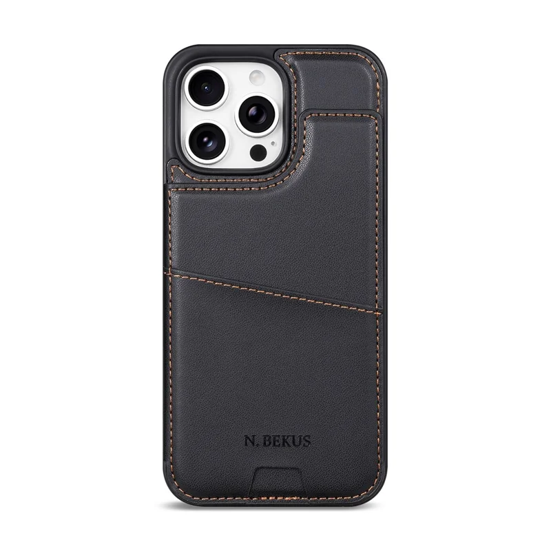 N.BEKUS P4  for iPhone 16 Pro Max Case Magnetic Buttons Leather + TPU Phone Cover with Card Holder Kickstand - Black